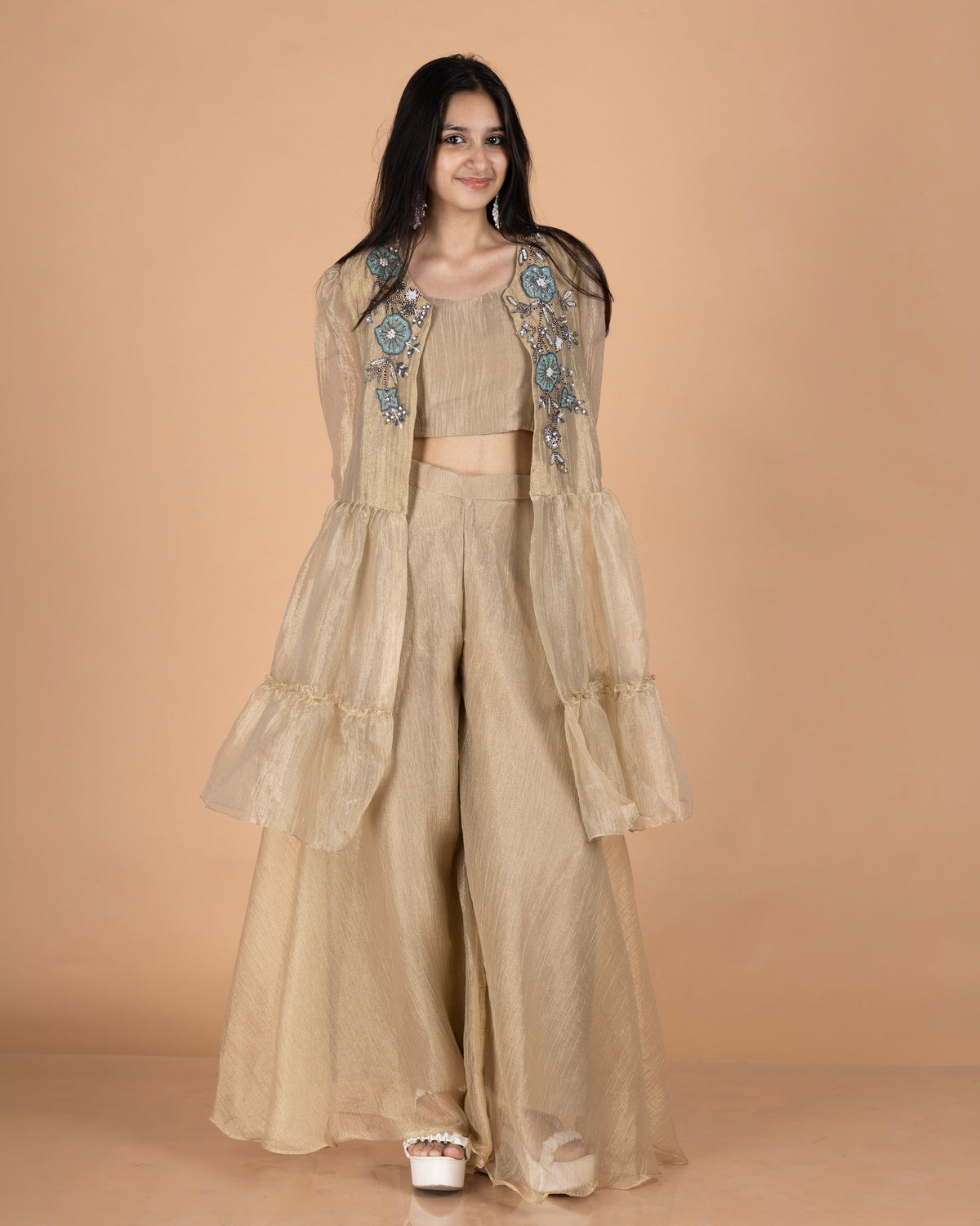 Crush Tissue 3-Piece Jacket Set with Appliqué & Material Work, Bustier, and Palazzo