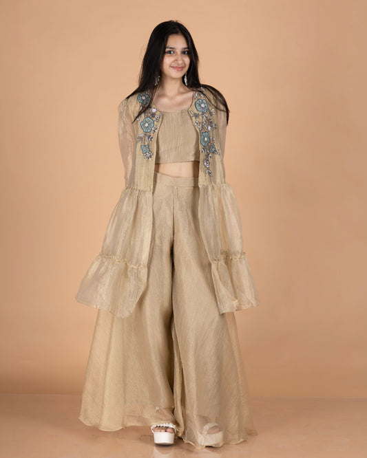 Crush Tissue 3-Piece Jacket Set with Appliqué & Material Work, Bustier, and Palazzo