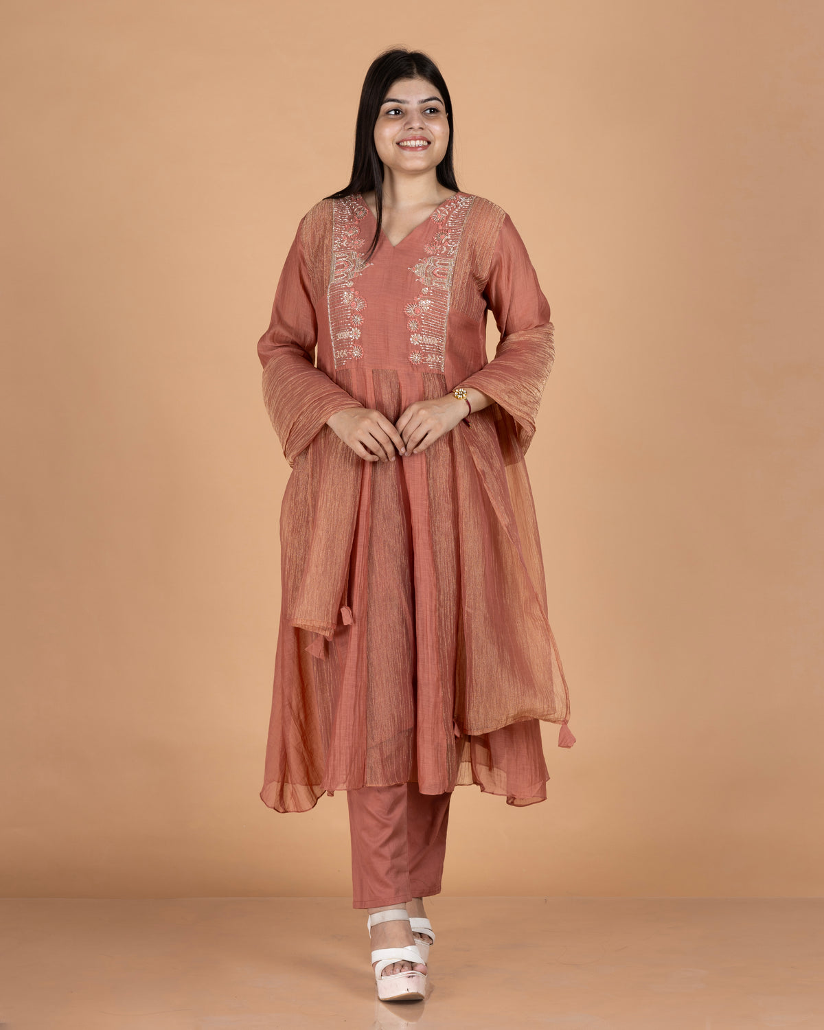 Pure Mul & Crush Tissue Kurti Set with Monumental Yoke Design & Pencil Pants
