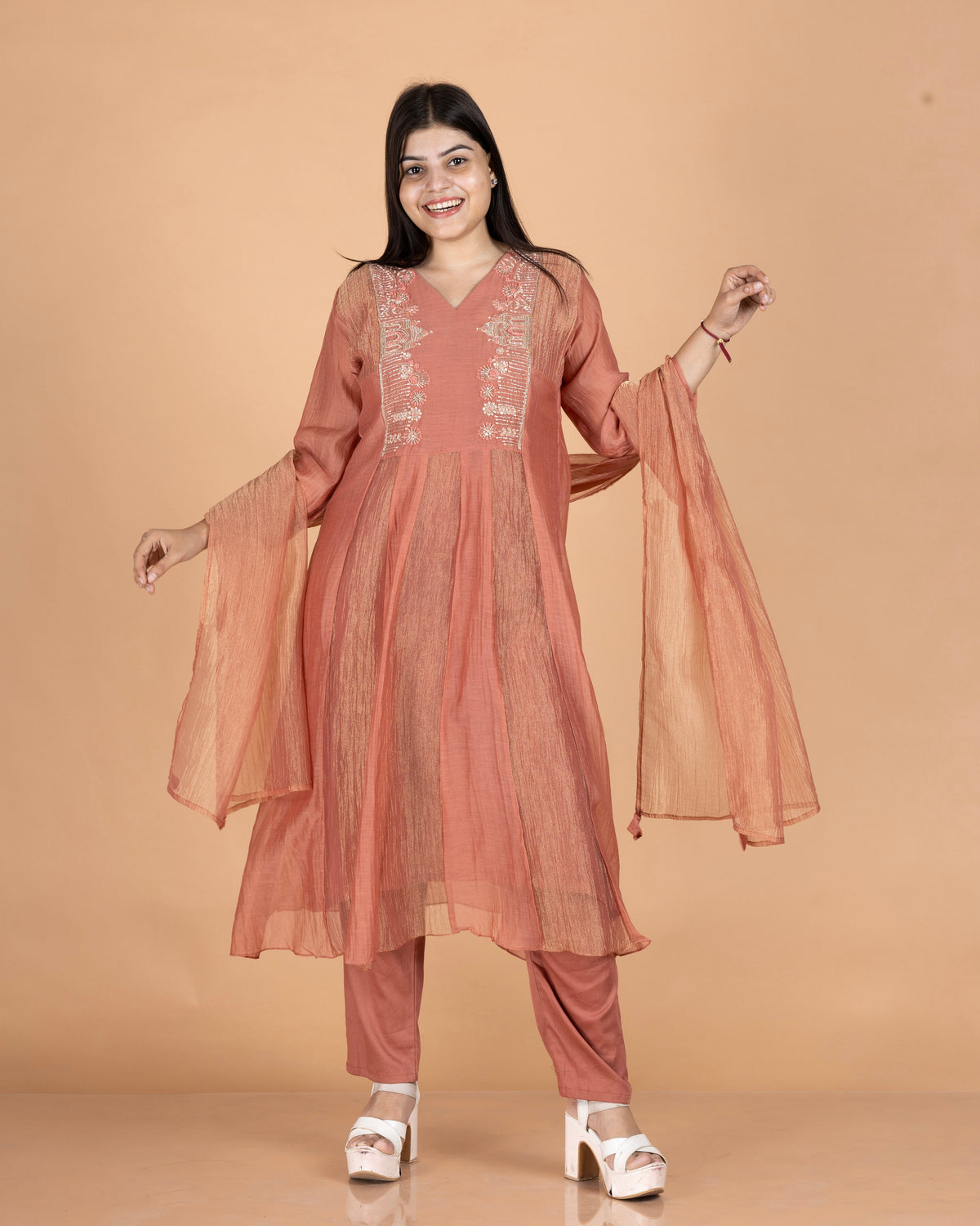 Pure Mul & Crush Tissue Kurti Set with Monumental Yoke Design & Pencil Pants
