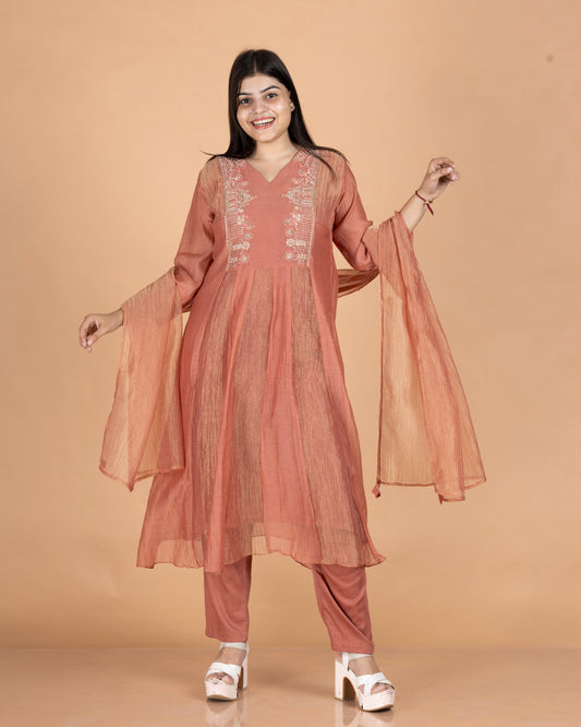 Pure Mul & Crush Tissue Kurti Set with Monumental Yoke Design & Pencil Pants