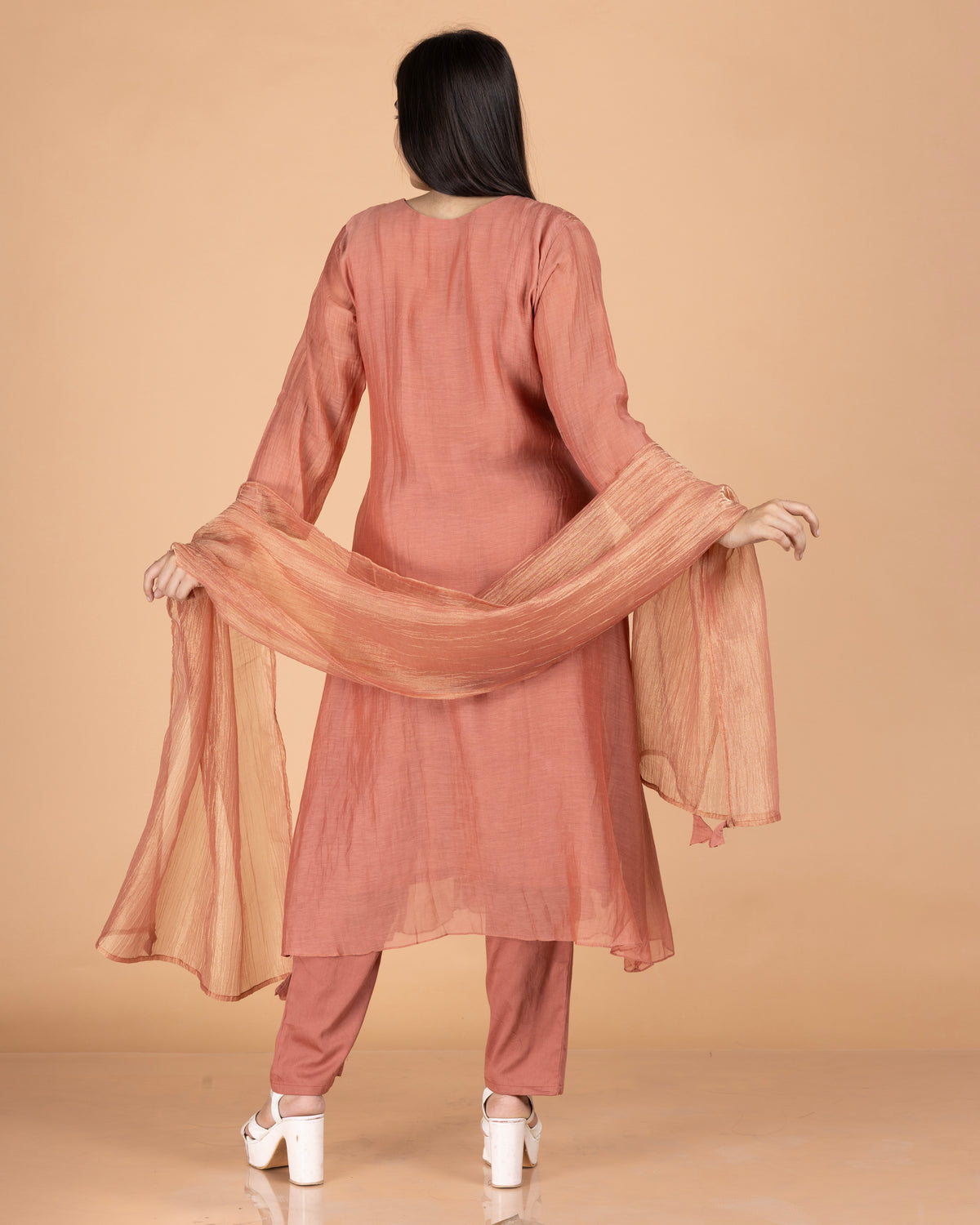 Pure Mul & Crush Tissue Kurti Set with Monumental Yoke Design & Pencil Pants