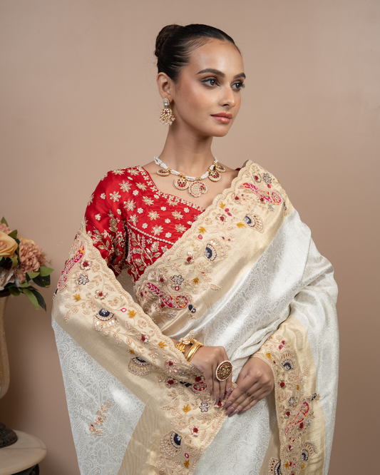 Dual-Toned Ziraf Tissue Saree with Scalloped Peacock Border