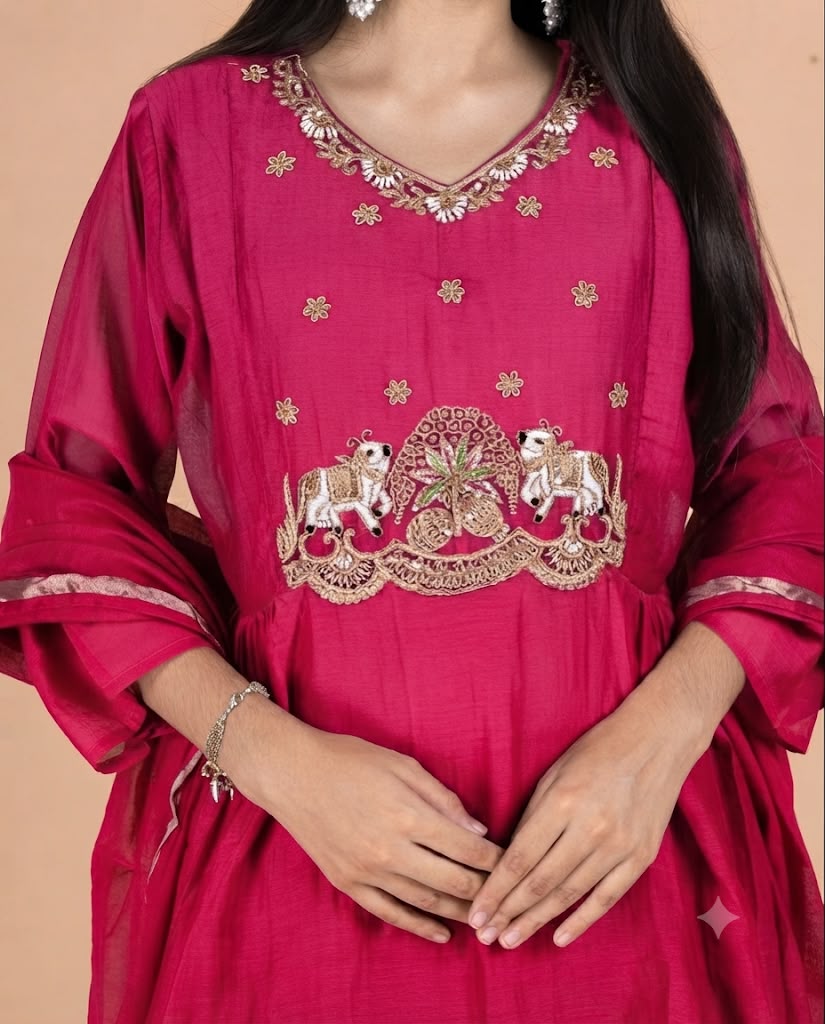 Pure Mul Short A-Line Kurti Set with Zardosi Figure Motifs, Pencil Pants & Zari Dupatta