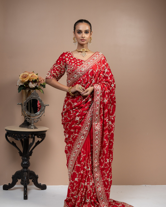 Crimson Red satin Saree with Floral Jaal & Zardozi Border