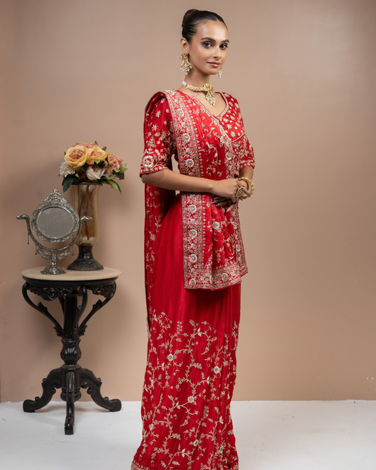 Crimson Red satin Saree with Floral Jaal & Zardozi Border