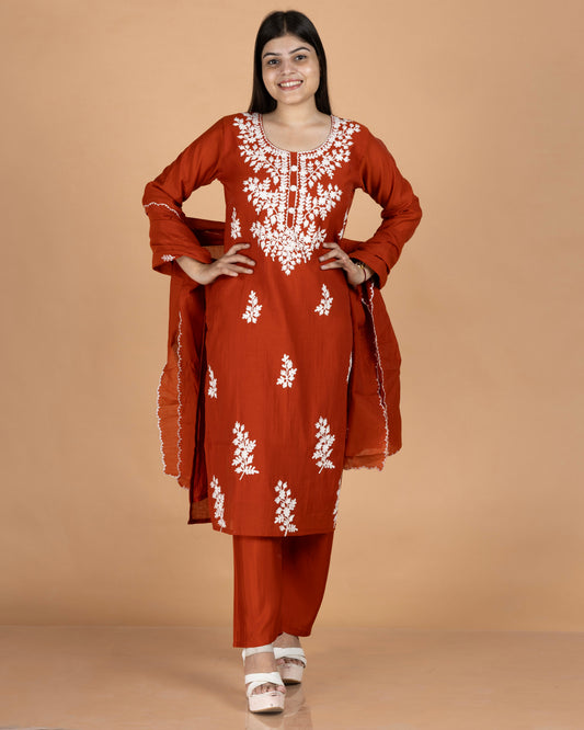 Mul Fabric Straight Kurti Set with Aari Embroidery & Matching Dupatta