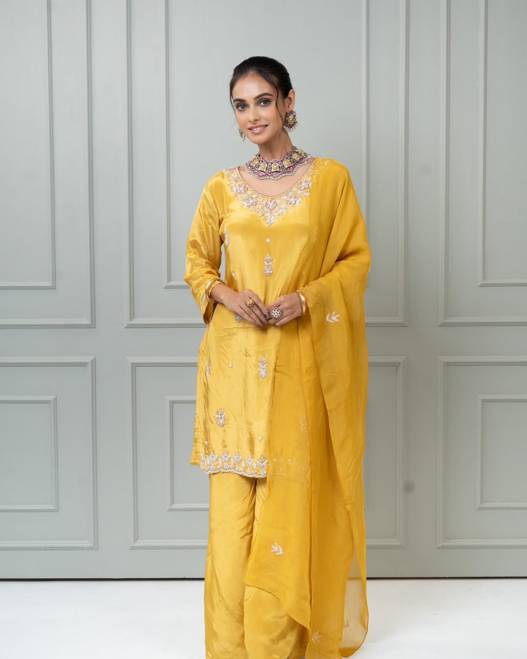 Sequin, Pearl & Cutdana Hand-Embroidered Pure Crepe Kurta Palazzo Set