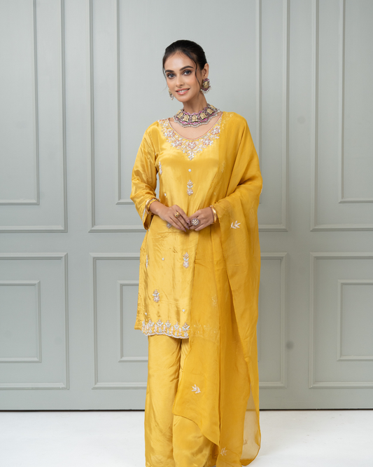 Sequin, Pearl & Cutdana Hand-Embroidered Pure Crepe Kurta Palazzo Set