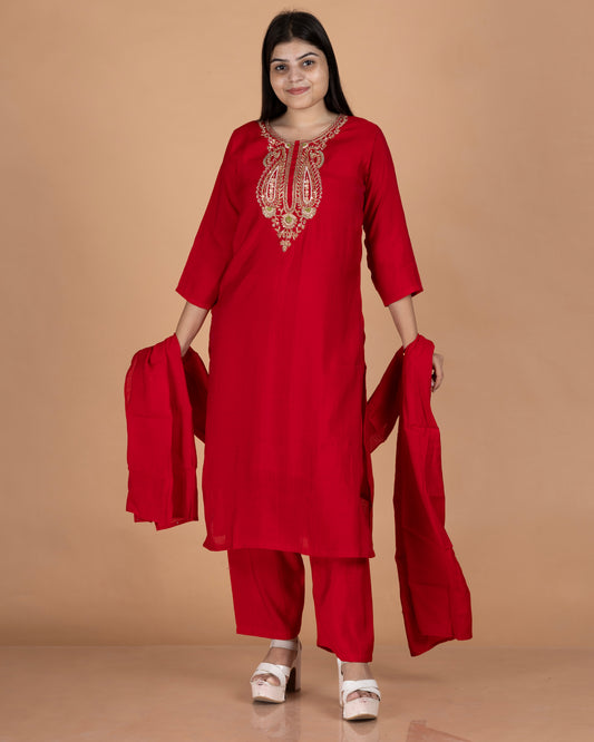 Pure Mul Straight Kurti Set with Zardosi Paisley Yoke & Sequin Dupatta