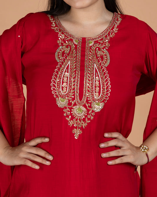 Pure Mul Straight Kurti Set with Zardosi Paisley Yoke & Sequin Dupatta
