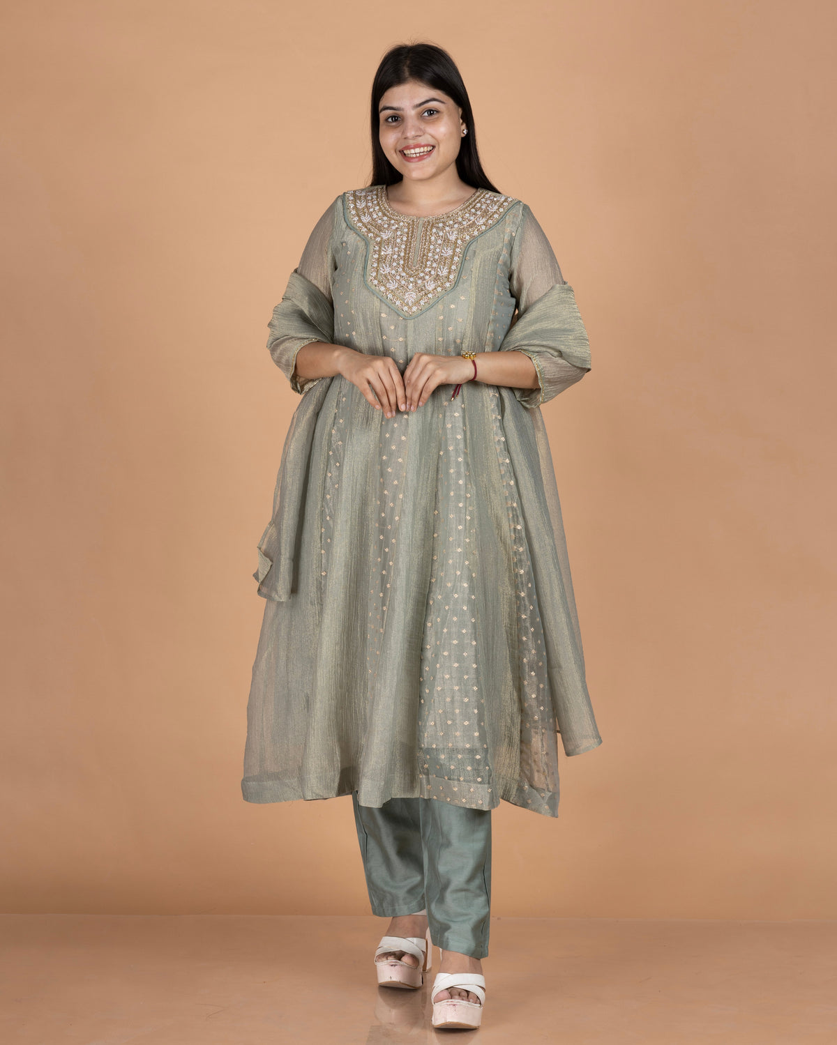 Zardozi Embroidered Crush Tissue Anarkali Set