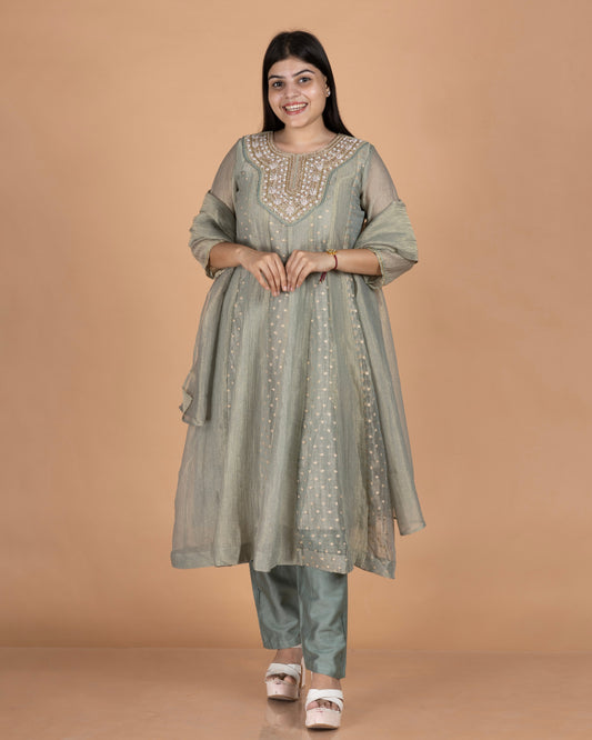 Zardozi Embroidered Crush Tissue Anarkali Set