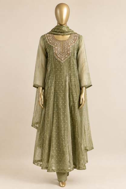 Zardozi Embroidered Crush Tissue Anarkali Set