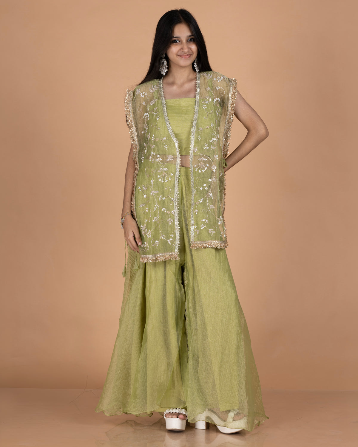 Crush Tissue Indo-Western Set with Sheer Jaal Jacket, Bustier & Palazzo