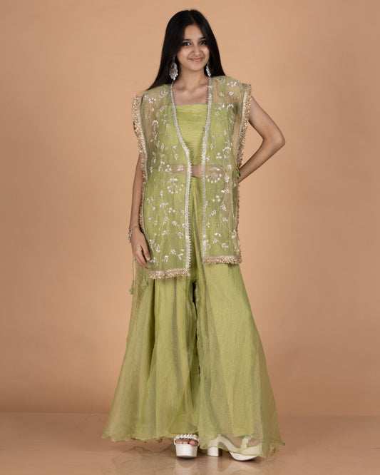 Crush Tissue Indo-Western Set with Sheer Jaal Jacket, Bustier & Palazzo