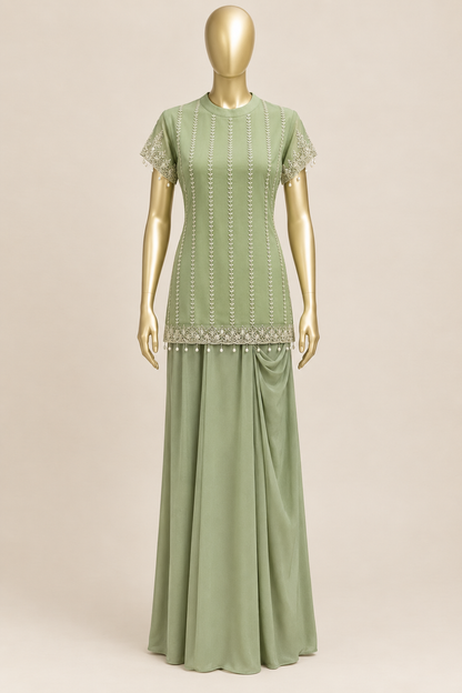 Pearl-Embroidered Organza Top with Shell Tassels & Pure Crepe Draped Skirt Indo-Western Set