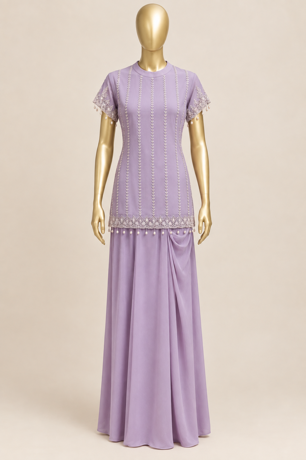 Pearl-Embroidered Organza Top with Shell Tassels & Pure Crepe Draped Skirt Indo-Western Set