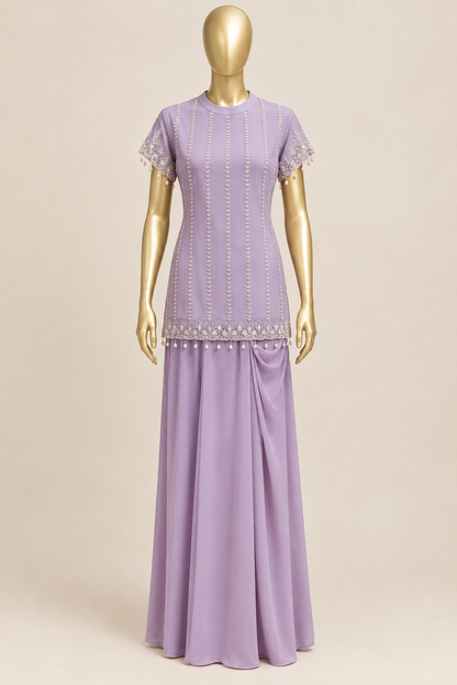 Pearl-Embroidered Organza Top with Shell Tassels & Pure Crepe Draped Skirt Indo-Western Set