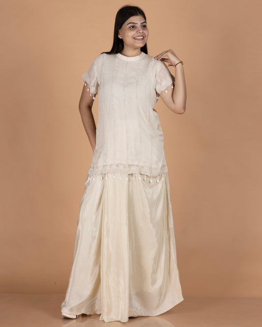 Pearl-Embroidered Organza Top with Shell Tassels & Pure Crepe Draped Skirt Indo-Western Set