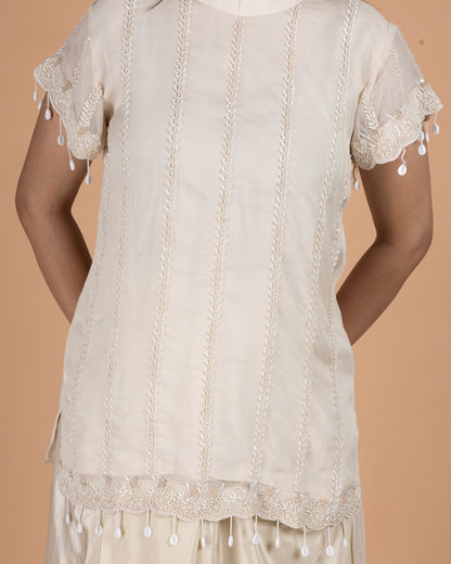 Pearl-Embroidered Organza Top with Shell Tassels & Pure Crepe Draped Skirt Indo-Western Set