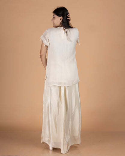 Pearl-Embroidered Organza Top with Shell Tassels & Pure Crepe Draped Skirt Indo-Western Set