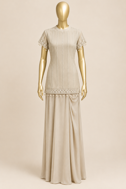 Pearl-Embroidered Organza Top with Shell Tassels & Pure Crepe Draped Skirt Indo-Western Set
