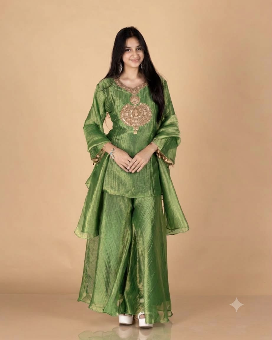Rose Gold Crush Tissue Short Anarkali Kurti Set with Zardosi Embroidery & Coin Detailed Sleeves