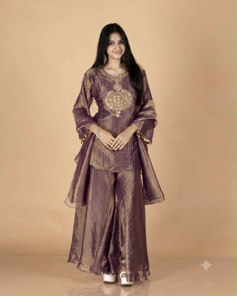 Rose Gold Crush Tissue Short Anarkali Kurti Set with Zardosi Embroidery & Coin Detailed Sleeves