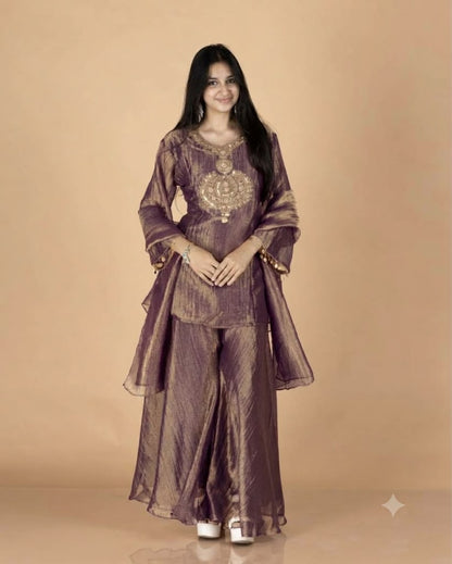 Rose Gold Crush Tissue Short Anarkali Kurti Set with Zardosi Embroidery & Coin Detailed Sleeves