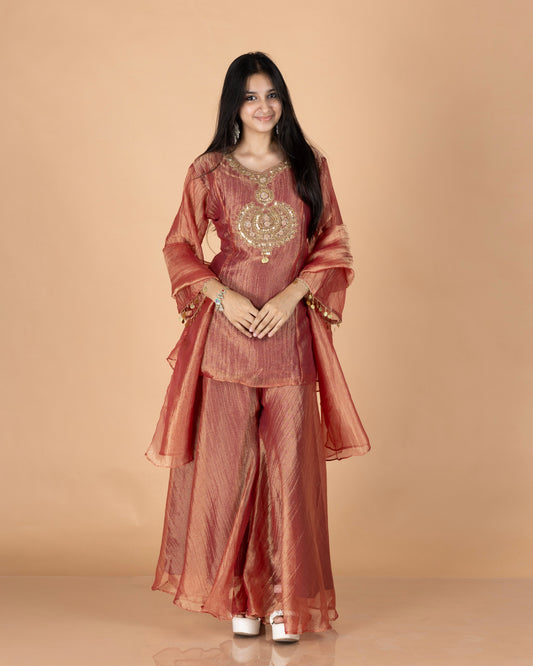 Rose Gold Crush Tissue Short Anarkali Kurti Set with Zardosi Embroidery & Coin Detailed Sleeves