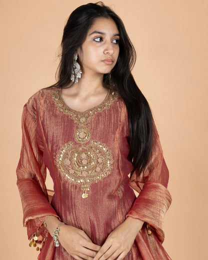Rose Gold Crush Tissue Short Anarkali Kurti Set with Zardosi Embroidery & Coin Detailed Sleeves