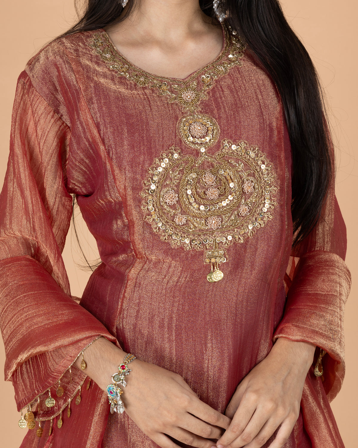 Rose Gold Crush Tissue Short Anarkali Kurti Set with Zardosi Embroidery & Coin Detailed Sleeves