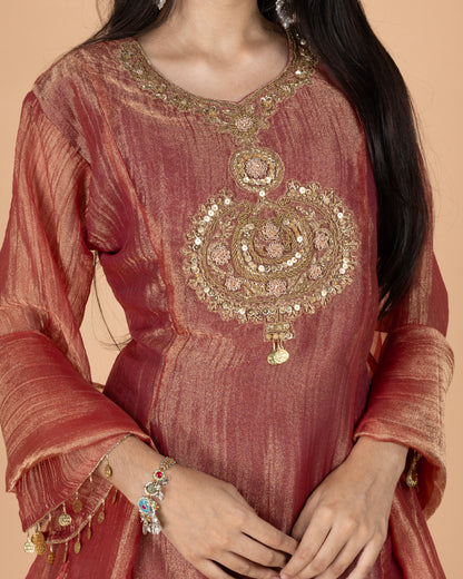 Rose Gold Crush Tissue Short Anarkali Kurti Set with Zardosi Embroidery & Coin Detailed Sleeves