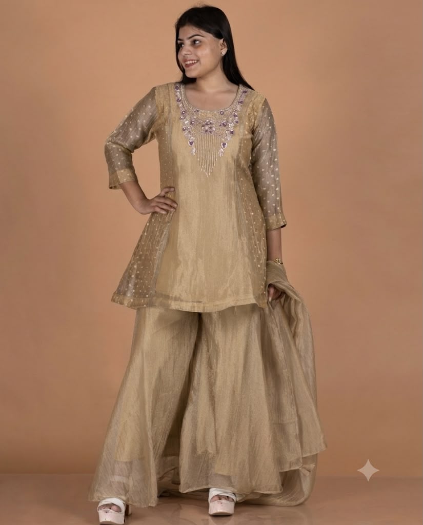 Zardozi & Sequin Embroidered Woven-Buti Crushed Tissue Kurta Palazzo Set