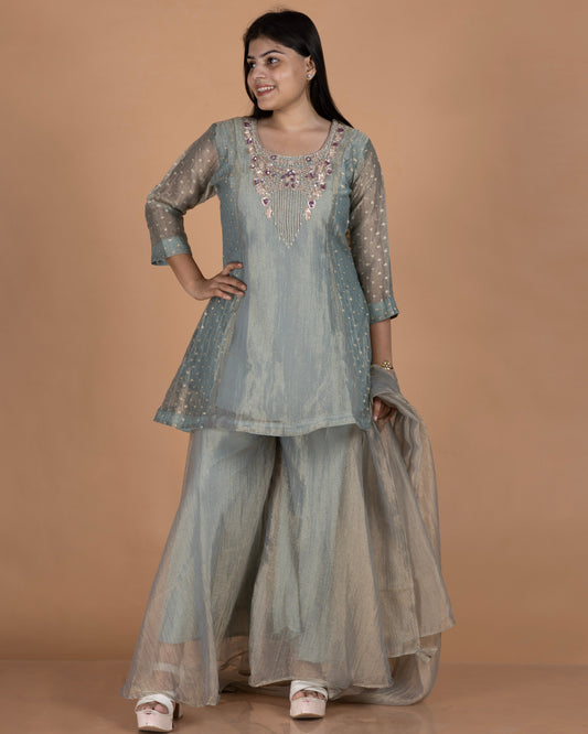 Zardozi & Sequin Embroidered Woven-Buti Crushed Tissue Kurta Palazzo Set