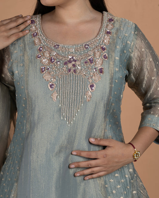 Zardozi & Sequin Embroidered Woven-Buti Crushed Tissue Kurta Palazzo Set