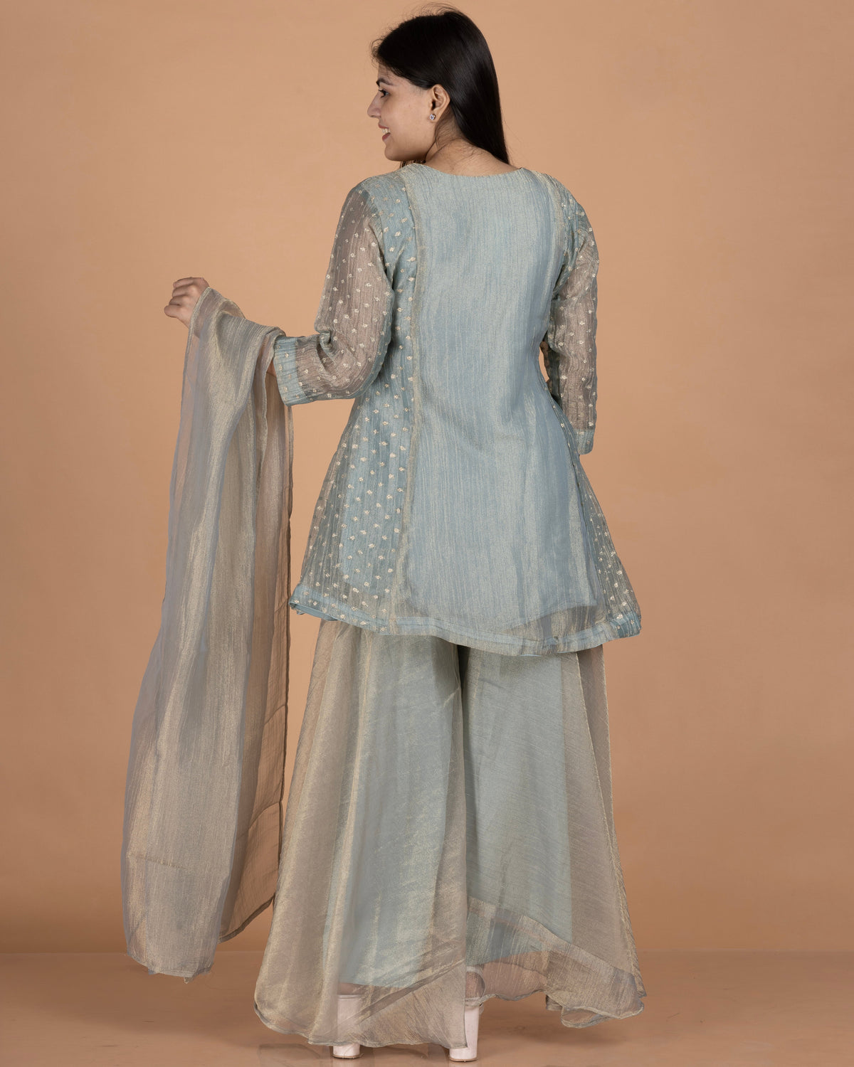 Zardozi & Sequin Embroidered Woven-Buti Crushed Tissue Kurta Palazzo Set