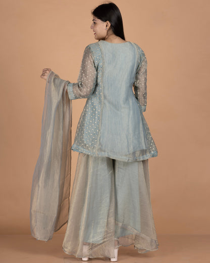 Zardozi & Sequin Embroidered Woven-Buti Crushed Tissue Kurta Palazzo Set