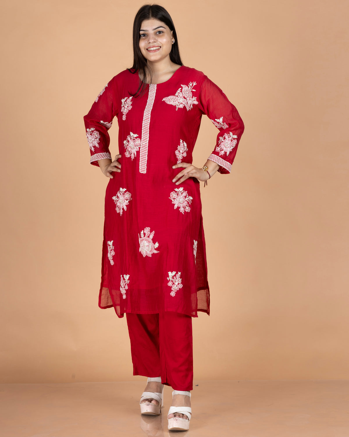 Hand-Highlighted Floral Embroidered Pure Mul Straight Kurta Set
