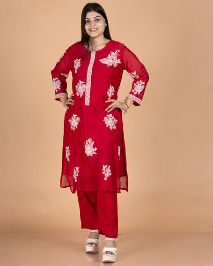 Hand-Highlighted Floral Embroidered Pure Mul Straight Kurta Set