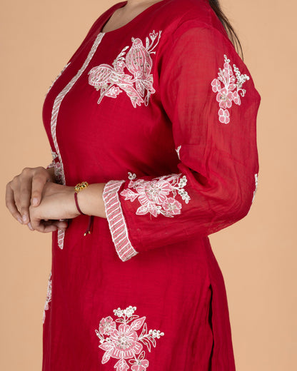 Hand-Highlighted Floral Embroidered Pure Mul Straight Kurta Set