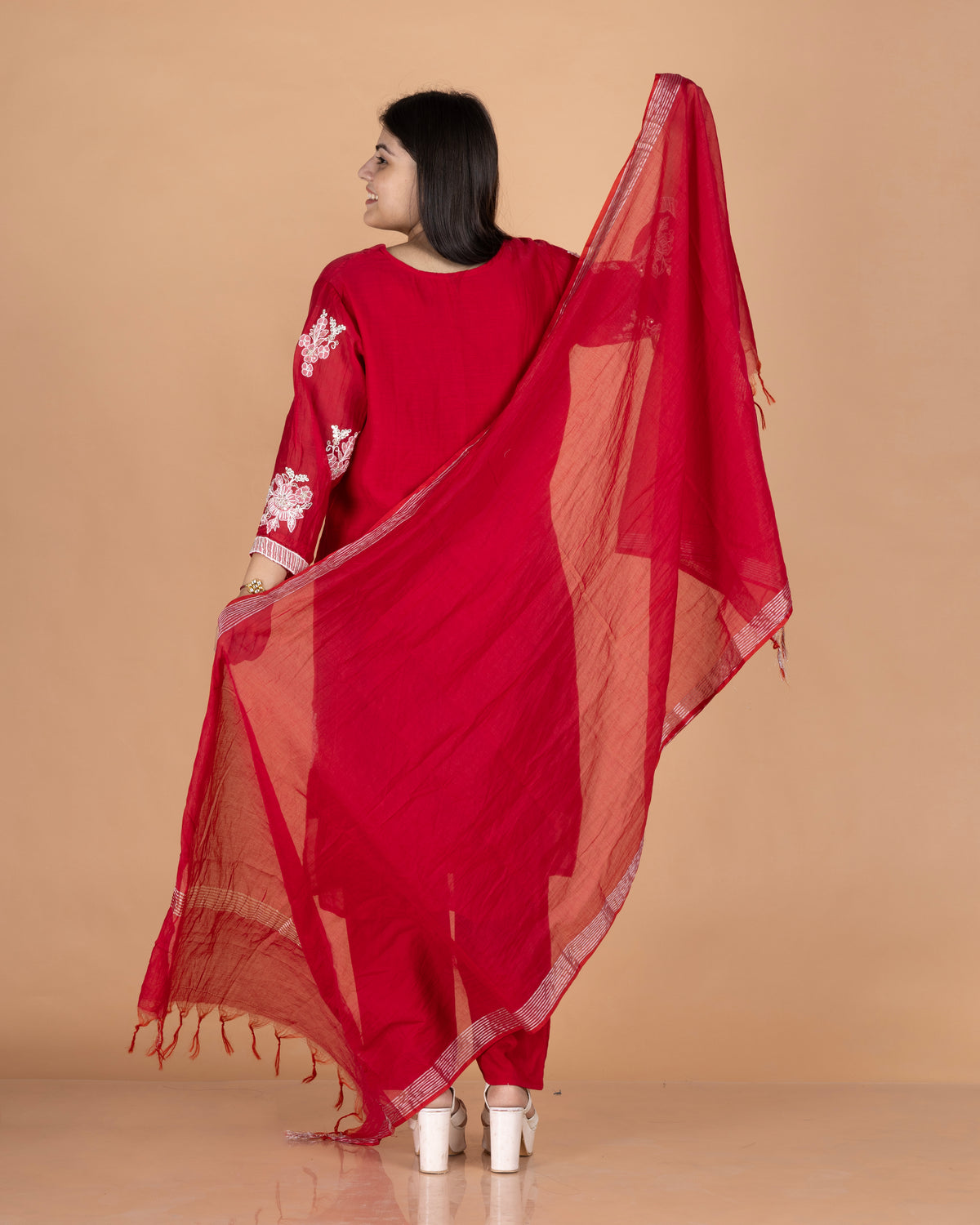 Hand-Highlighted Floral Embroidered Pure Mul Straight Kurta Set