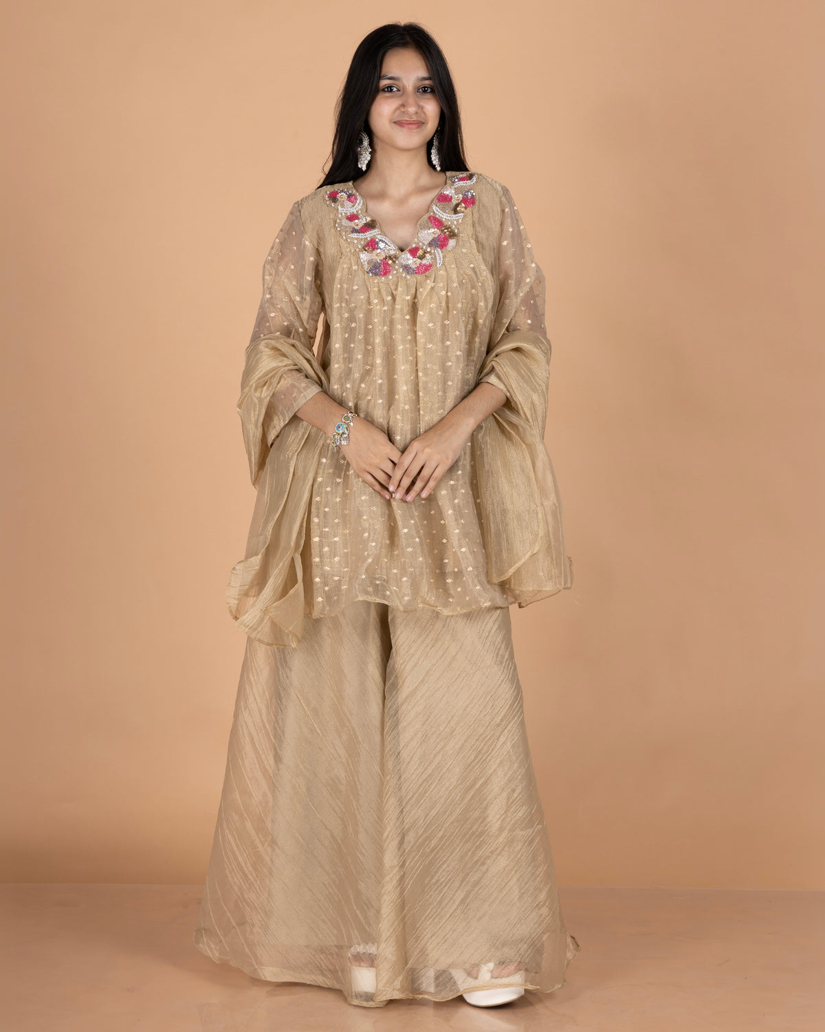 Crush Tissue Short Kurti & Palazzo Set with Sequin & Cut Dana Work
