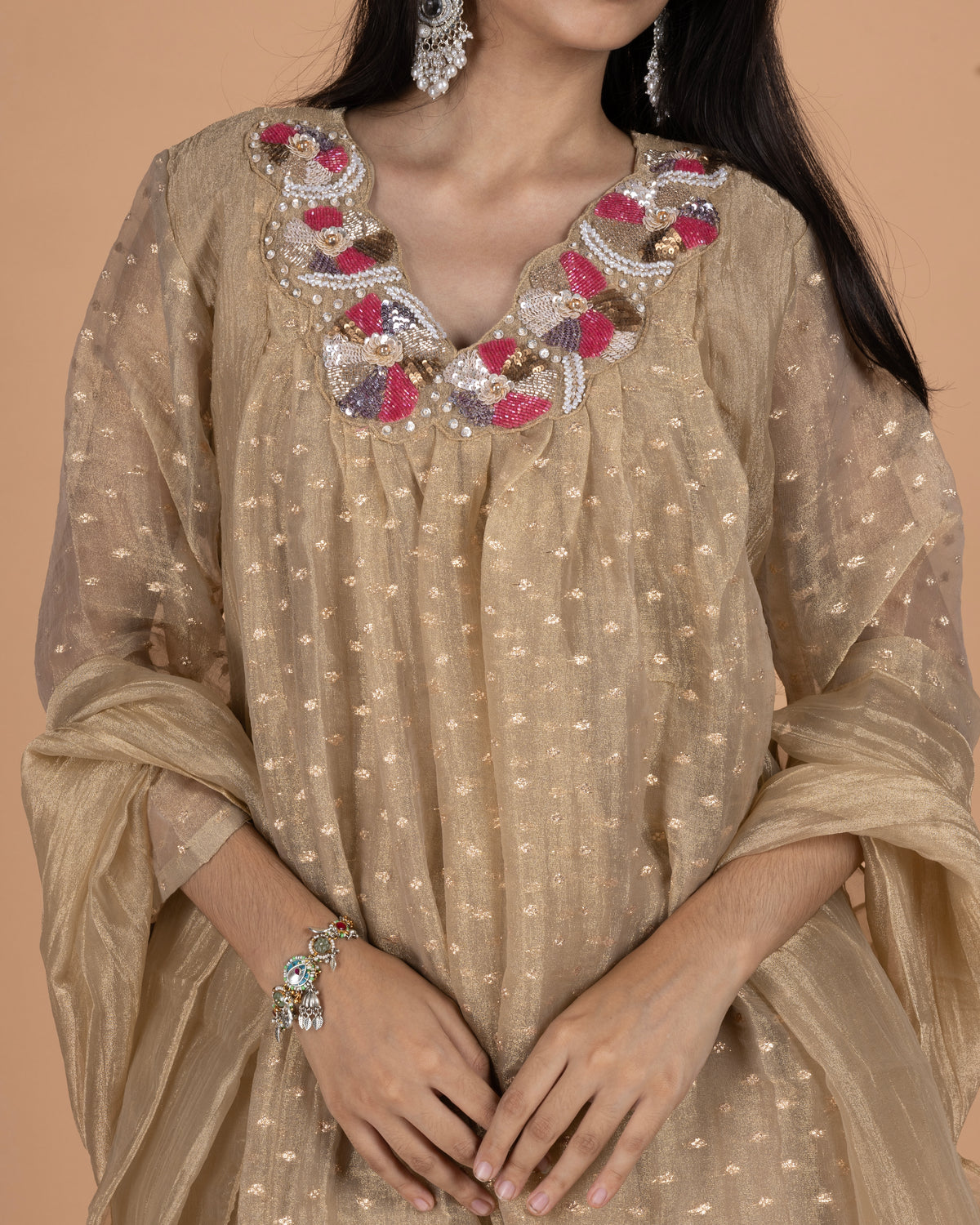 Crush Tissue Short Kurti & Palazzo Set with Sequin & Cut Dana Work