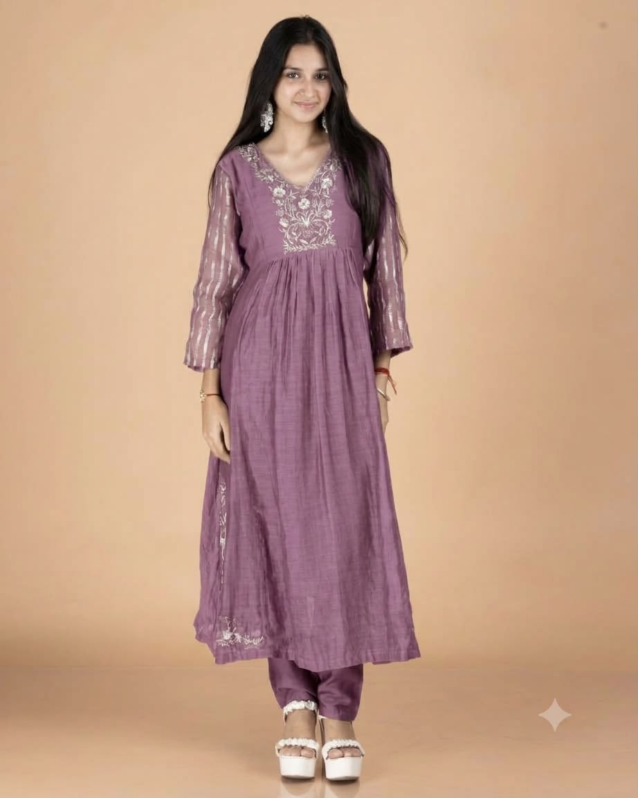 Hand-Embroidered Pure Mulmul A-Line Kurta Set with Printed Sleeves