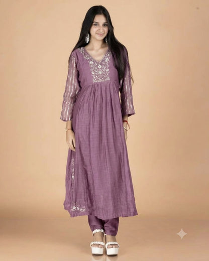 Hand-Embroidered Pure Mulmul A-Line Kurta Set with Printed Sleeves