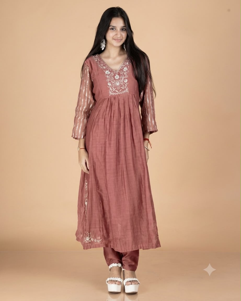 Hand-Embroidered Pure Mulmul A-Line Kurta Set with Printed Sleeves