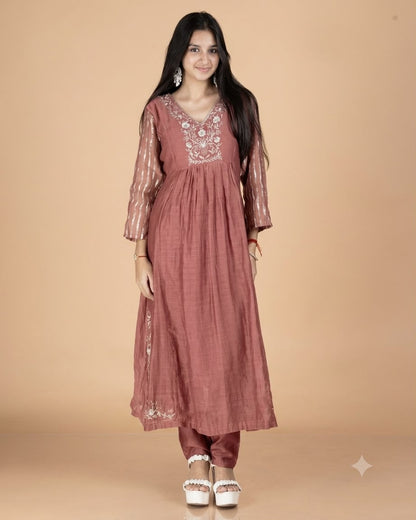 Hand-Embroidered Pure Mulmul A-Line Kurta Set with Printed Sleeves