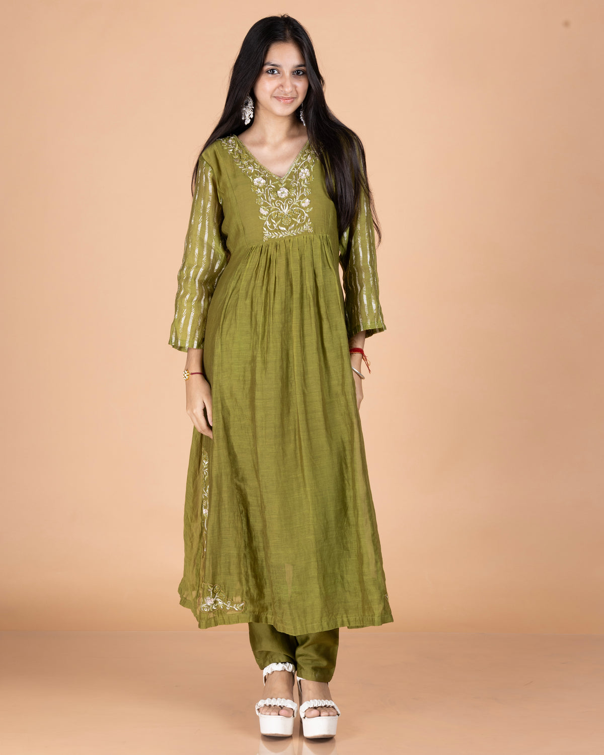 Hand-Embroidered Pure Mulmul A-Line Kurta Set with Printed Sleeves